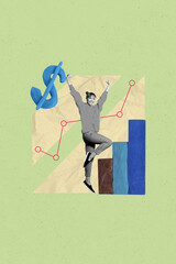 Pop poster art collage of happy businesswoman businessman stand chart development money dollar...