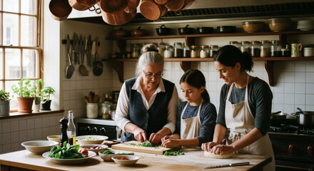 Family Cooking Together in a Cozy Kitchen with Vegetables and Pots