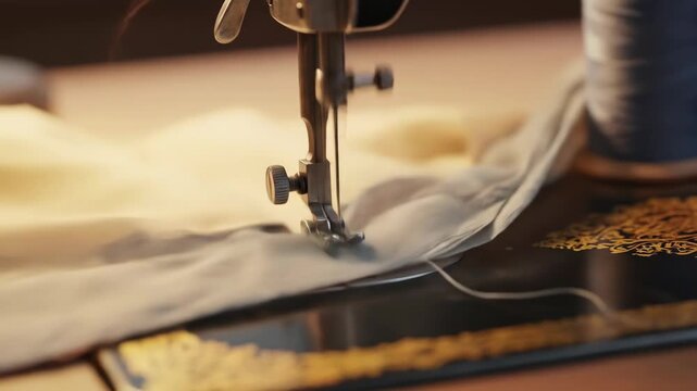 A close-up of a sewing machine with gold thread, scissors, and fabric