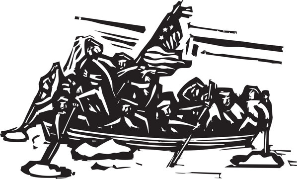 Woodcut style image of George Washington crossing the Delaware