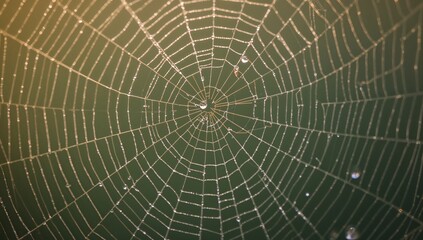 Naklejka premium Shimmering orb spider web capturing morning light at garden edge, with dew droplets