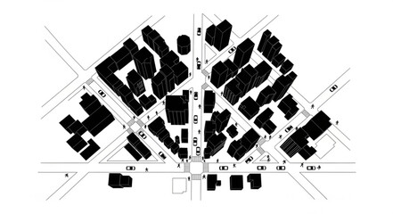 Aerial view of city blocks and streets in black and white. © Huda