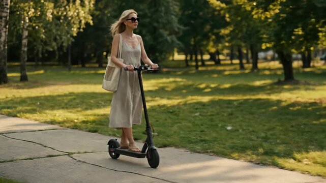 Slow motion footage of a stylish blonde woman in a linen dress riding an electric kick scooter through a sunny city park with green trees and soft afternoon sunlight.