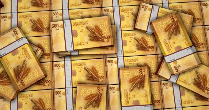 Syria pounds Syrian money banknotes 3d animation. 500 SYP packs concept of inflation, economy, crisis, business, banking, debt and finance.