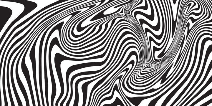 Black and white striped liquid paint effect vector seamless pattern. Wavy psychedelic background of moving liquid. Modern zebra backdrop. Groovy 1970s style.