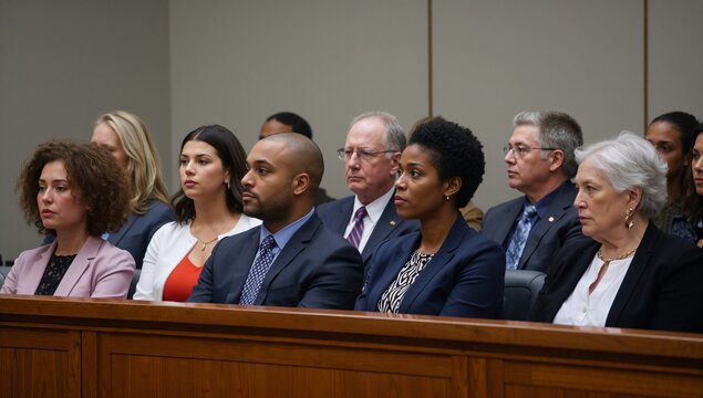 Watching group of jurors wearing formal suits following testimony in courtroom, with jury rail