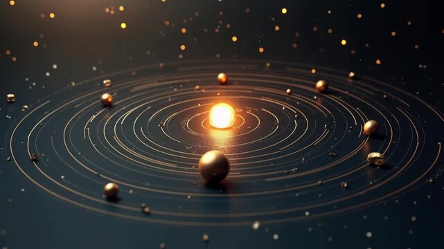 Elegant 3D solar system model with glowing golden sun and orbiting planets on dark background. Cinematic space animation perfect for science, education and technology projects.