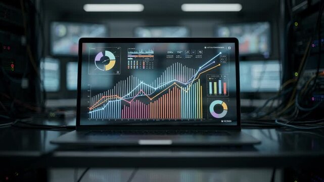 Detailed medium shot of a dashboard monitoring live content delivery performance metrics sharply focused amid a techfilled room with blurred monitors and cables.