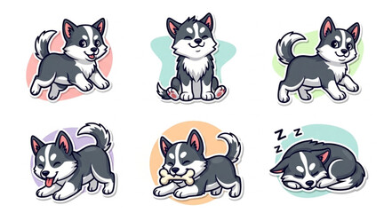 Cute Husky Puppies Set Cartoon Style. © Huda