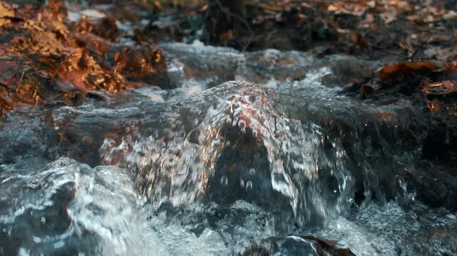 Fresh water of a natural stream flowing in slow motion and beautiful light. Representing life, freshness and a clean environment
