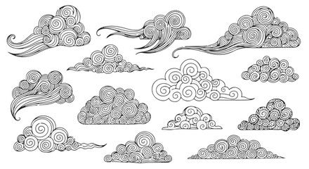 Set of Hand Drawn Black Line Art Cloud Illustrations isolated PNG with Transparent Background