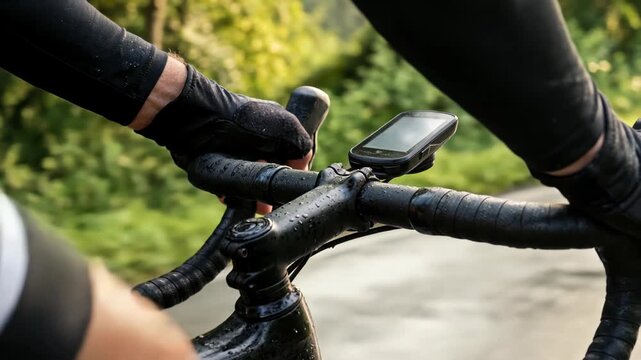 Close up footage of a cyclist's hands in gloves gripping the handlebars of a black road bike with a GPS computer while riding on a wet asphalt road during a rainy morning.