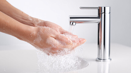 Fototapeta premium hands washing under a faucet with soap, in which you can see water flowing from it and bubbles on the hands. The background is white, and there is a sink next to the hands. 
