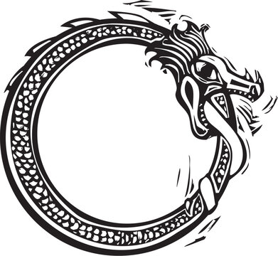 Woodcut style norse midgard serpent eating its tail.