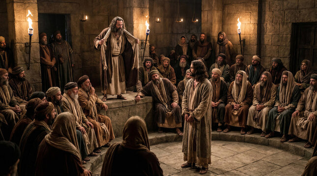 Jesus on trial, tense atmosphere, Sanhedrin convened in high priest's palace at night
