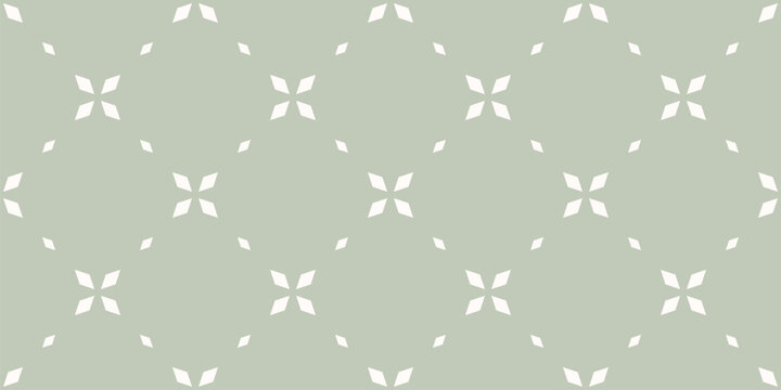 Elegant minimal floral geometric seamless pattern. Simple vector abstract background with small flowers, leaves, diamonds, grid. Pale green minimalist repeated texture. Design for textile, wallpapers