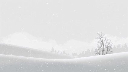 Fototapeta premium Standing leafless trees lining right slope, with drifts, pines, mist and falling snow, copy space