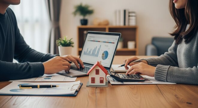 Loan simulation with miniature house and calculator.