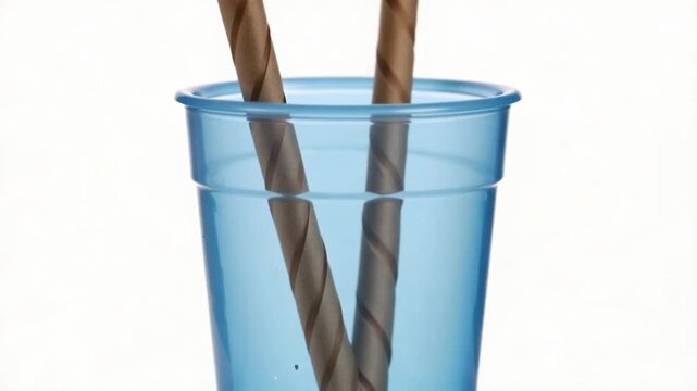 Blue Plastic Cup with Brown Straws.