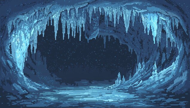 Showing stylized pixel-art frozen cavern interior with hanging icicles and reflective ice floor