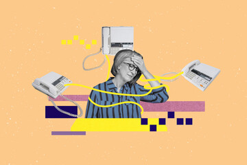 Poster art collage of person feel headache touch head surround device on orange background