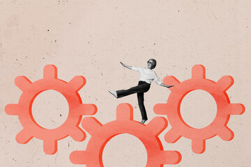 Collage of person working with gears symbolizing teamwork development process hard work in business...