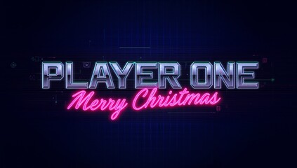 Showing PLAYER ONE chrome title with Merry Christmas neon cursive on navy purple grid backdrop