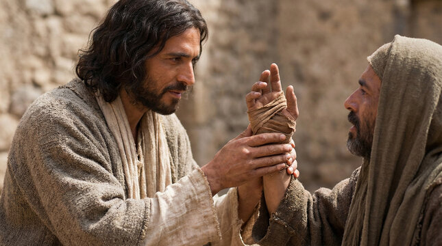 Jesus healing a man with a withered hand, emphasizing goodness over law in a synagogue