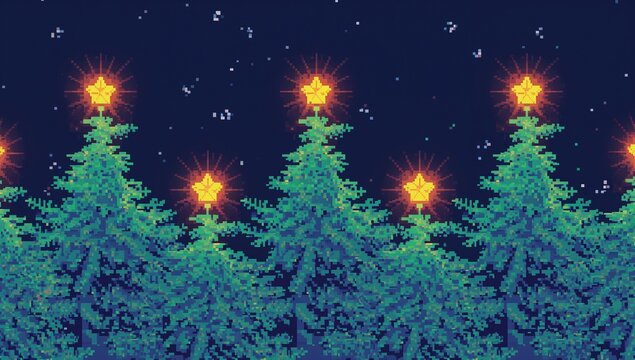 Displaying pixel-art fir trees topped with glowing six-pointed stars in navy sky with pixel stars