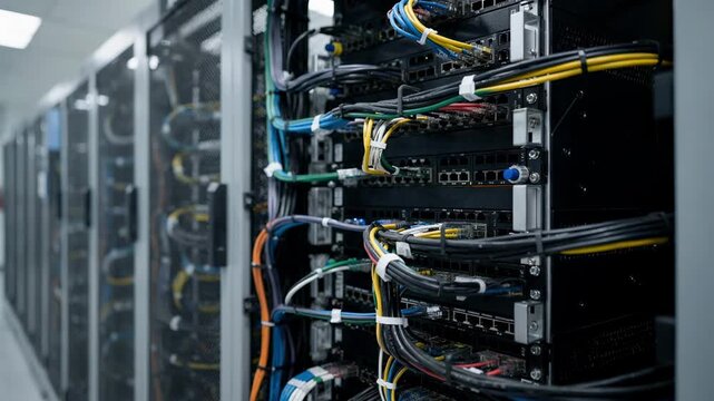 Closeup medium shot of a data hall featuring streamlined cable management on racks with patch panels in crisp detail and surrounding machines softly out of focus.