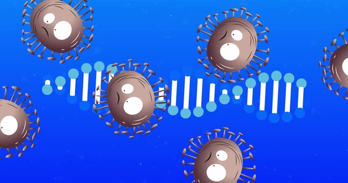 Animation of sad covid 19 cells moving and dna strand spinning