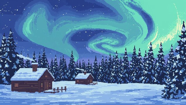 Displaying left wooden cabin sitting in snowy clearing with fence, chimney, aurora, copy space