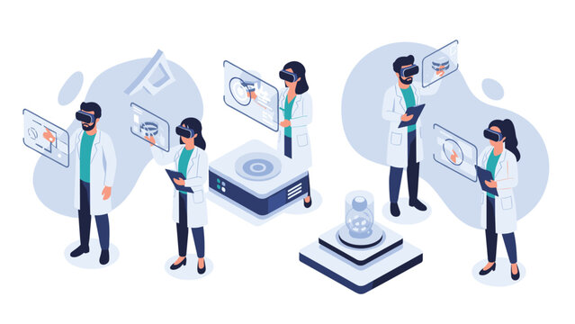 Group of scientists wearing white lab coats use advanced virtual reality headsets to interact with floating three dimensional data models.