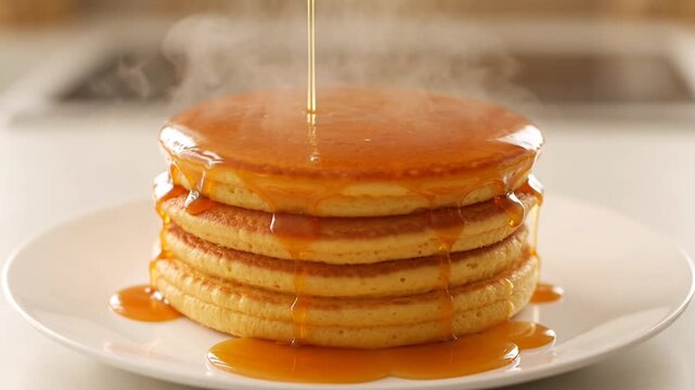 Golden Pancakes with Syrup: A stack of fluffy, golden pancakes is drizzled with glistening maple syrup, creating a mouthwatering close-up view.
