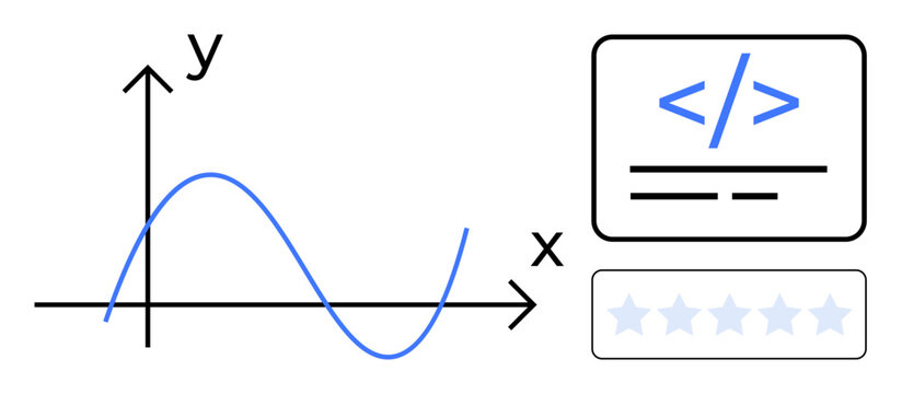 Data visualization, programming, analytics, computer science, education, technology. A sine wave graph with axes, a code snippet and a star rating system. Data visualization and programming concept