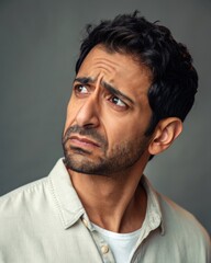 Obraz premium Worried expression of a middle eastern man in a natural studio light portrait emotional photography indoor setting close-up view