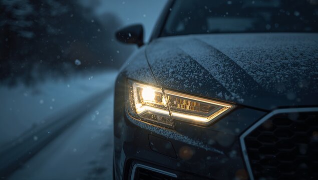 Showing front-right car with illuminated LED headlight at dusk, snow-dusted hood and falling snow