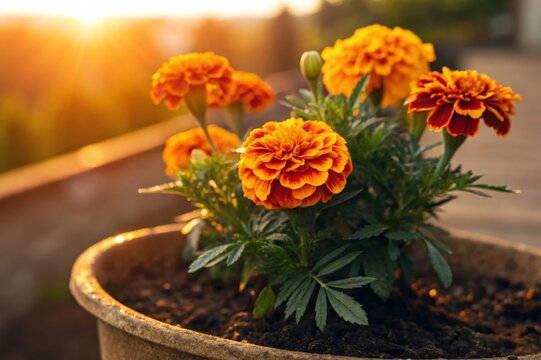Captivating closeup of a potted marigold plant bathed in warm sunlight garden setting nature photography bright environment macro view floral beauty