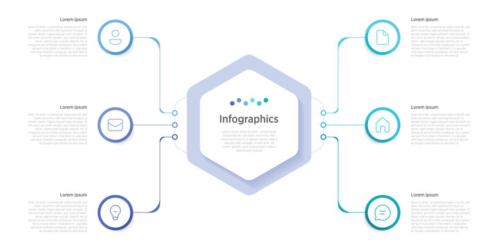 Modern 6 hexagon infographic template for business presentations and reports. Geometric hexagonal layout with six connected segments, ideal for workflow visualization, process steps.