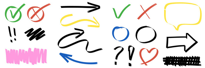 illustration: hand-drawn circles, arrows, check mark and scribble element textures set isolated on white or transparent png