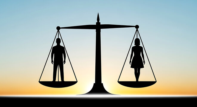 Descriptive silhouette of a balanced justice scale weighing man and woman figures representing gender equality fairness and social rights within a clean minimalist conceptual composition