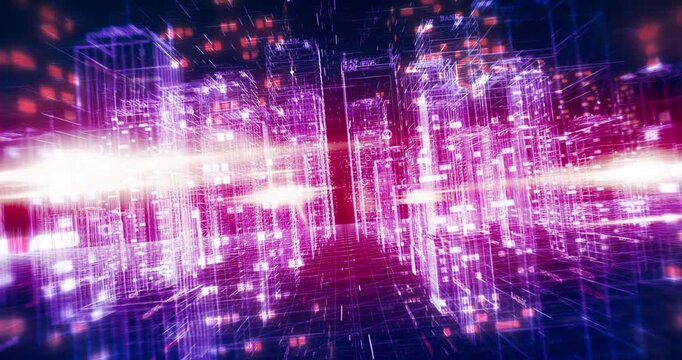 Futuristic urban city skyline and digital planet earth network. Technology Related 3D Animation.