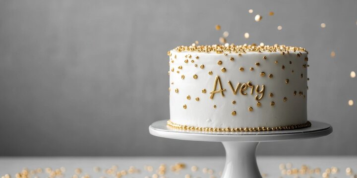 National Avery Day Elegant white cake with gold decorations and custom name avery on stand