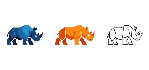 Low poly rhino silhouettes and geometric rhinoceros icons in blue and orange, flat vector wildlife animal illustrations isolated on white background for logo © cheng
