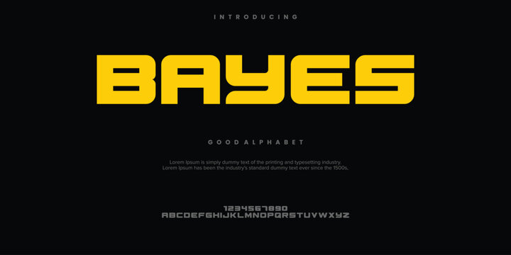 Bayes futuristic minimalist display font design, alphabet, typeface, letters and numbers, typography.
