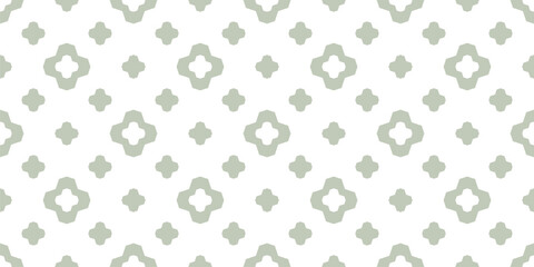 Naklejka premium Simple vector seamless pattern. Minimal floral geometric texture with flower silhouettes, crosses, stars. Elegant abstract background. Simple ornament in sage green and white color. Repeated design