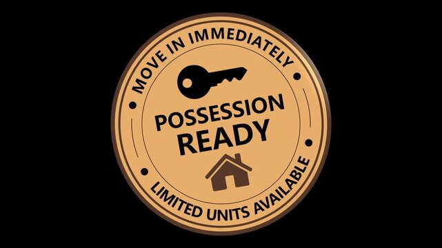 Round animated real estate stamp for ready homes, move in immediately property motion graphic on transparent alpha background.