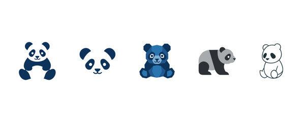 Minimalist panda bear icons in flat vector style featuring various artistic interpretations from head portraits to full body poses for nature branding © cheng