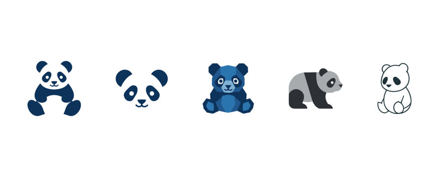Minimalist panda bear icons in flat vector style featuring various artistic interpretations from head portraits to full body poses for nature branding