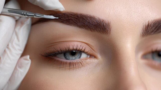 Eyebrow tinting. Master brush dye henna beautiful woman brows in beauty salon. Hand in black gloves applying of brow hair tint with a brush. Procedure Permanent make up tattoo. Cosmetic procedures.